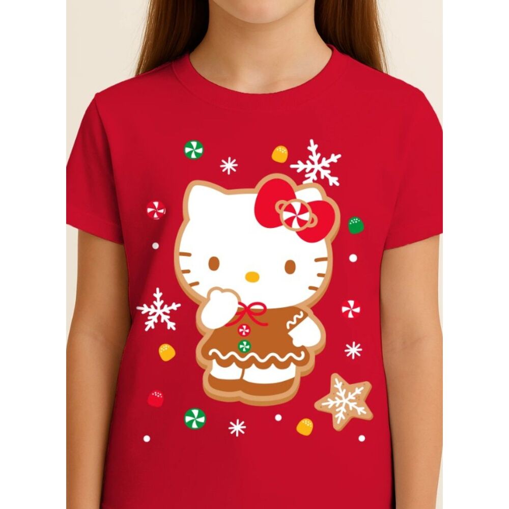 HELLO KITTY Girls Sz XS (4/5) Gingerbread Man Short Sleeve Christmas Shirt NEW